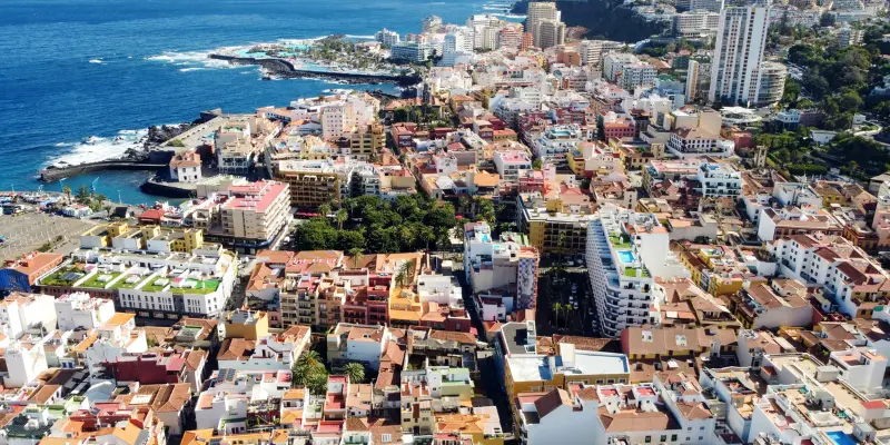 Aerial view of the coastal city of Puerto de la Cruz