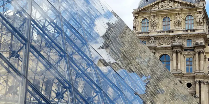 Louvre Museum in Paris, France, featuring the iconic glass pyramid