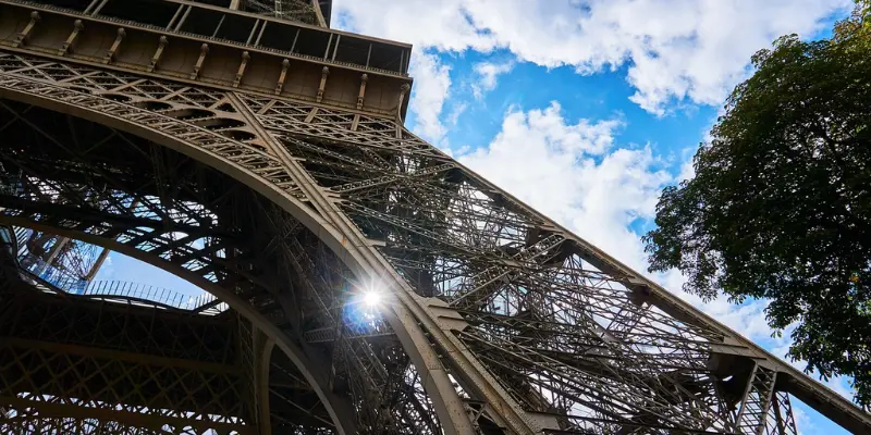 the wrought-iron lattice structure of the Eiffel Tower in Paris
