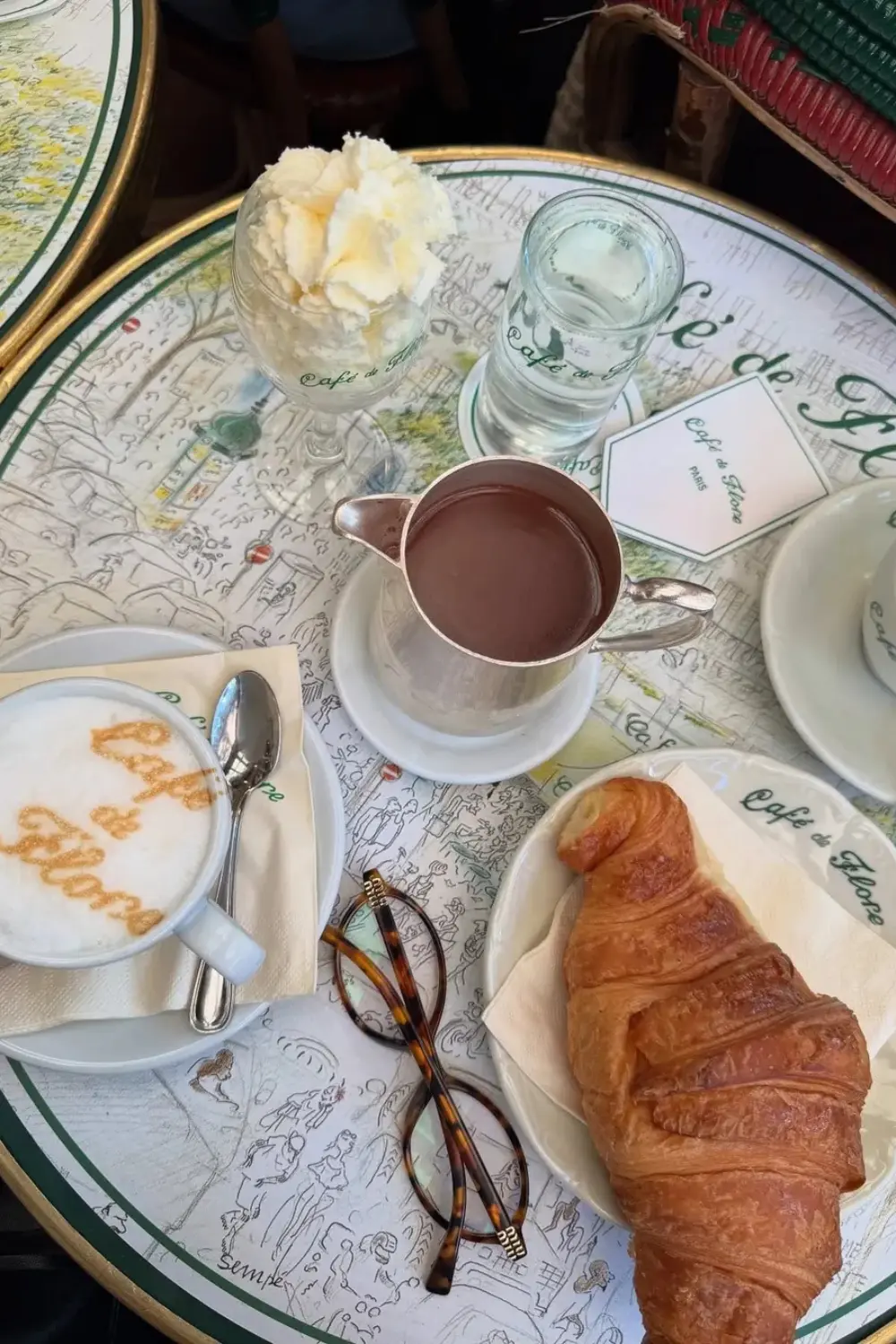 a classic Parisian breakfast scene at the famous Café de Flore